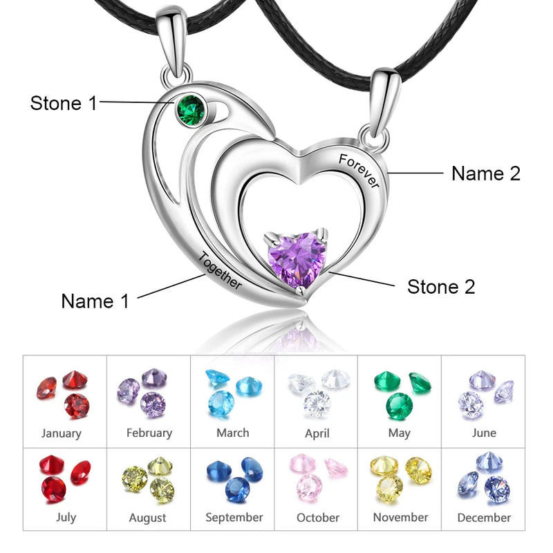 JewelOra Couples Heart Necklace Set Birthstone Name Necklaces Anniversary Gift