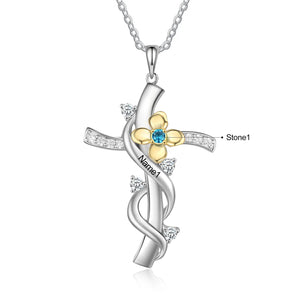 Personalized Cross Flower Pendant 1-5 Birthstones Engraved Name Necklaces