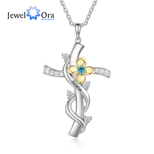 Personalized Cross Flower Pendant 1-5 Birthstones Engraved Name Necklaces