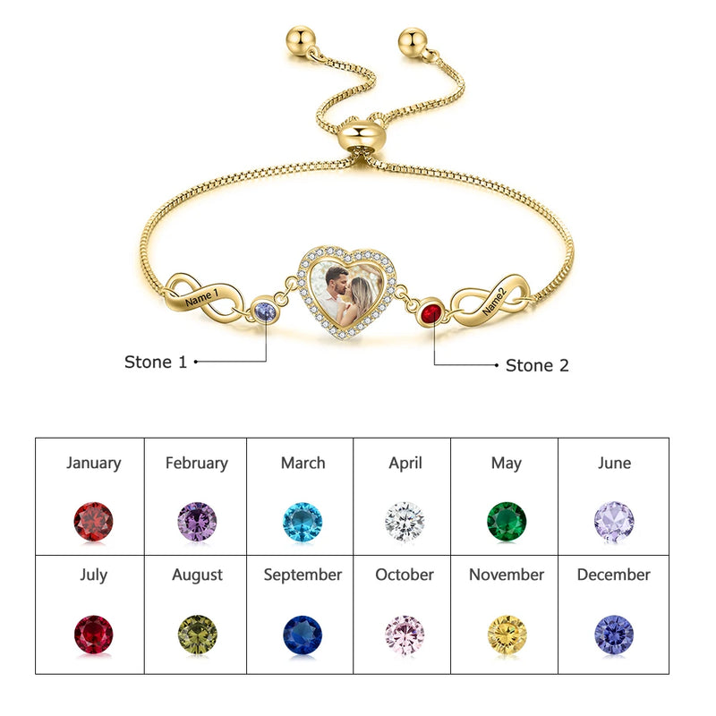 Personalized Photo Bracelet with Birthstones Engraved Name Infinity Bracelet