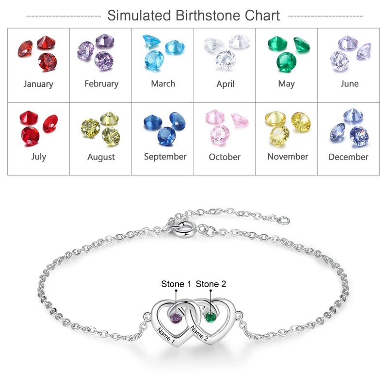 JewelOra Personalized Double Heart Bracelet Birthstone Name Couple Bracelets