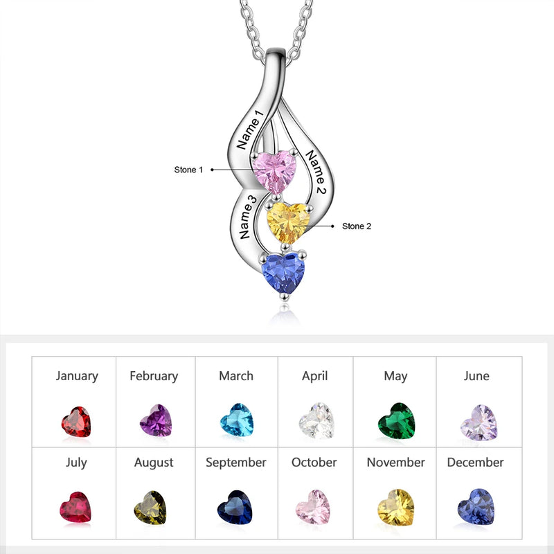 Personalized Name Necklaces with 3 Heart Birthstone Pendants