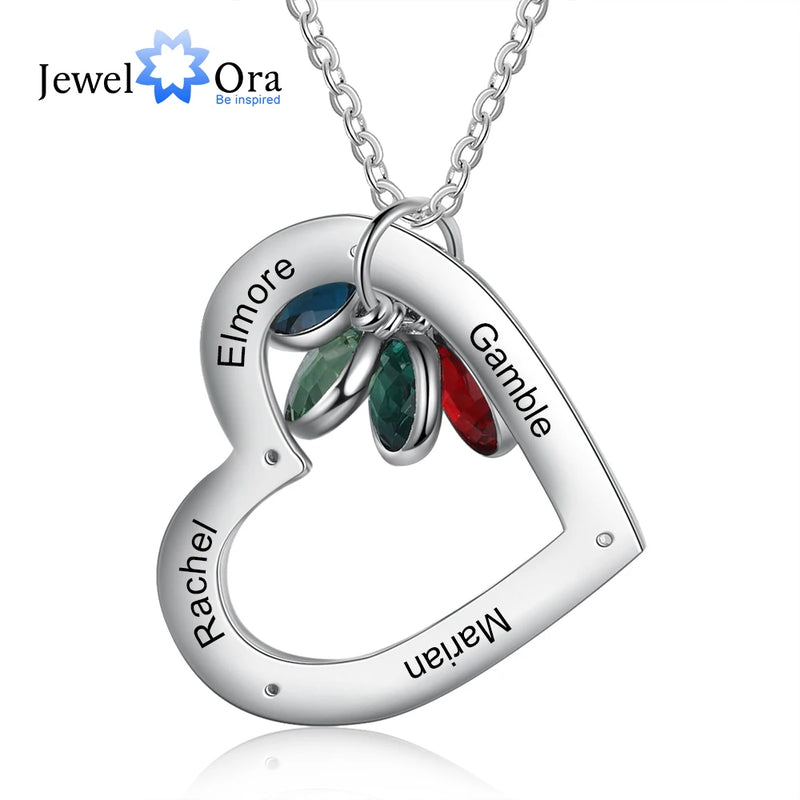 Personalized Family Names Heart Necklace with Birthstone