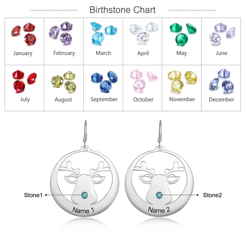 Personalized Engraved Name Christmas Elk Earrings Birthstone - Women