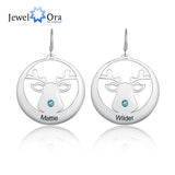 Personalized Engraved Name Christmas Elk Earrings Birthstone - Women
