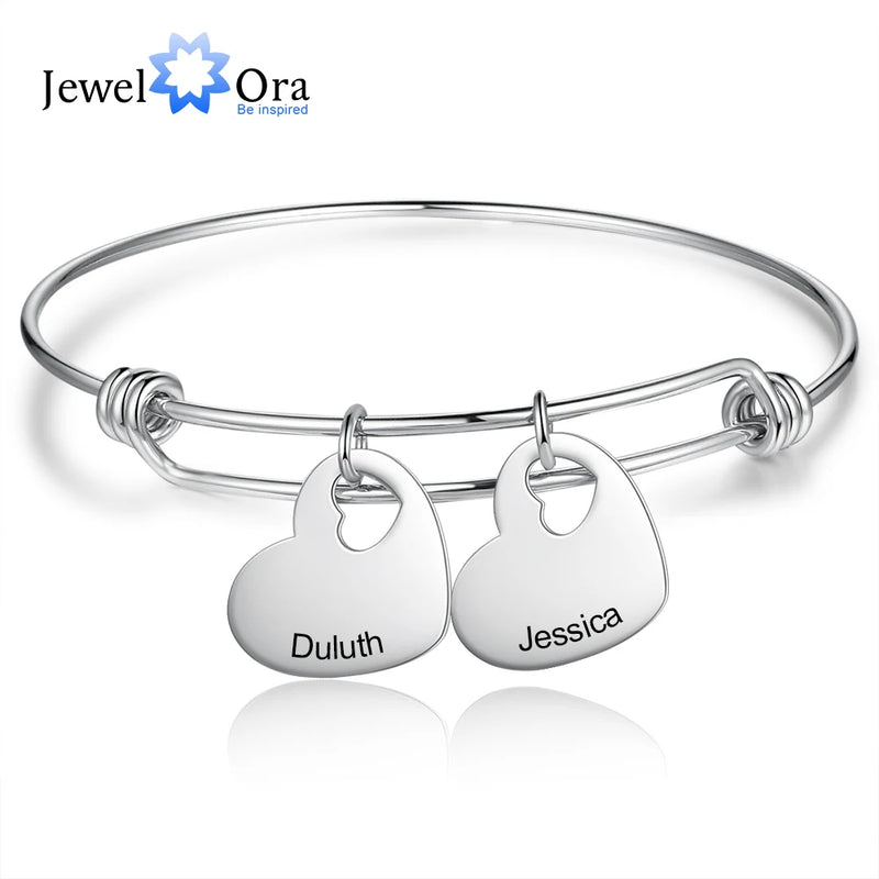 Personalized Name Heart Charms Bangle Bracelet