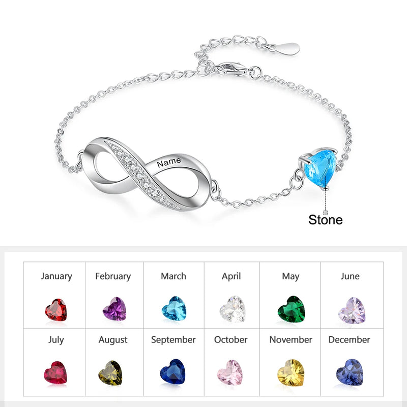 Personalized Engraved Name Infinity Bracelet with Heart Birthstone