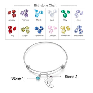 Personalized Engraving Name Baby Feet Bracelets for Women with Birthstones