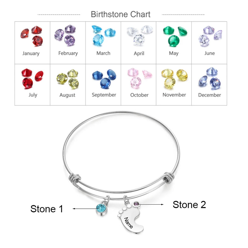 Personalized Engraving Name Baby Feet Bracelets for Women with Birthstones