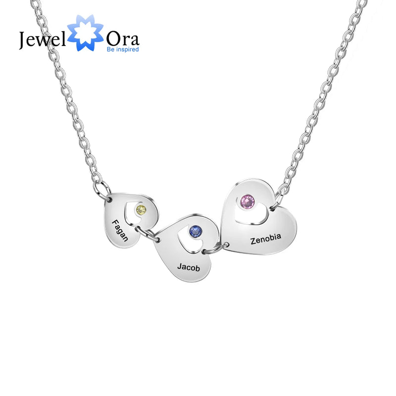 JewelOra Family Name Necklace with 3 Heart Pendants for Valentines Gift