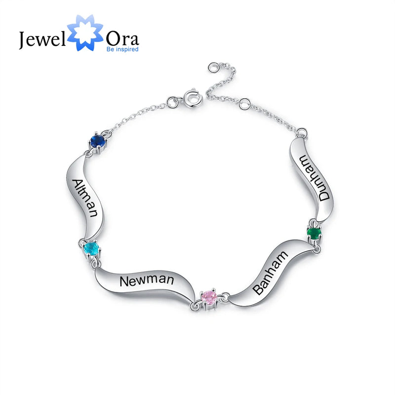 Custom Family Wave Bracelet with Birthstones & Engraved Names