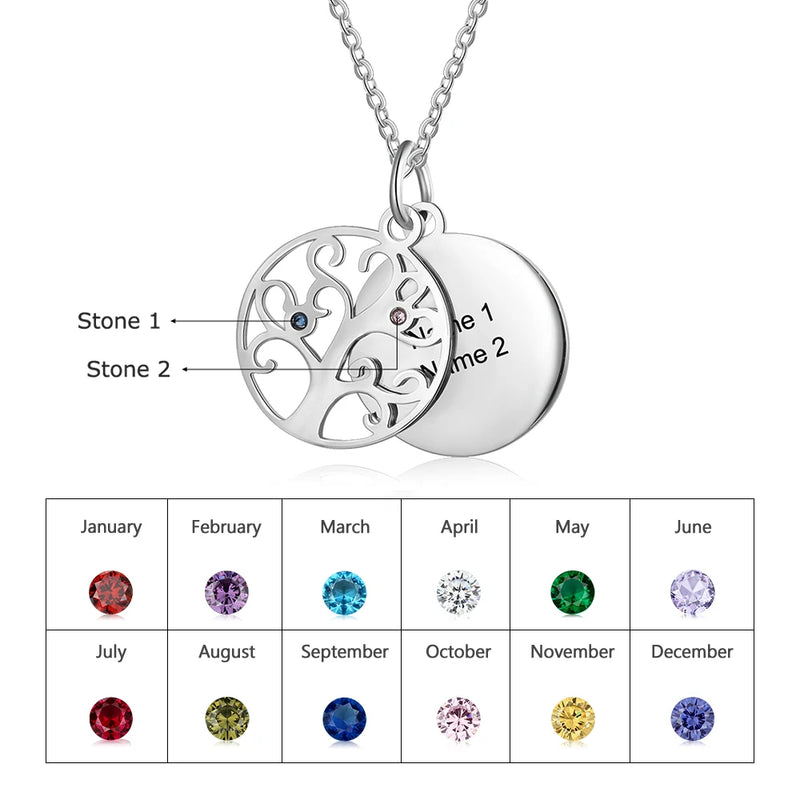 Personalized Family Tree Pendant Necklace Birthstones Engraved Name Tree of Life