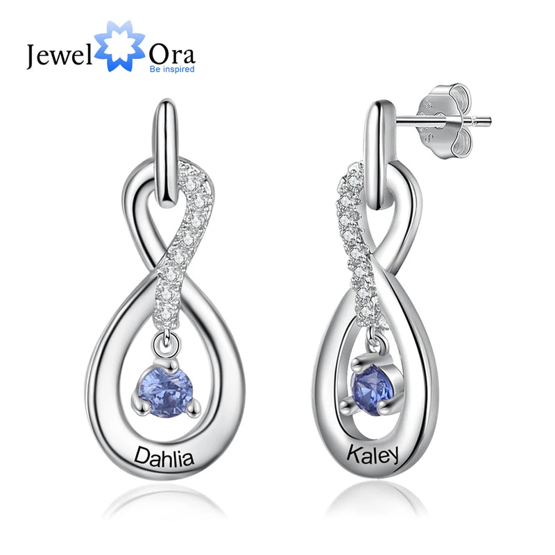 Personalized Silver Infinity Name Earrings with Birthstone Engraving