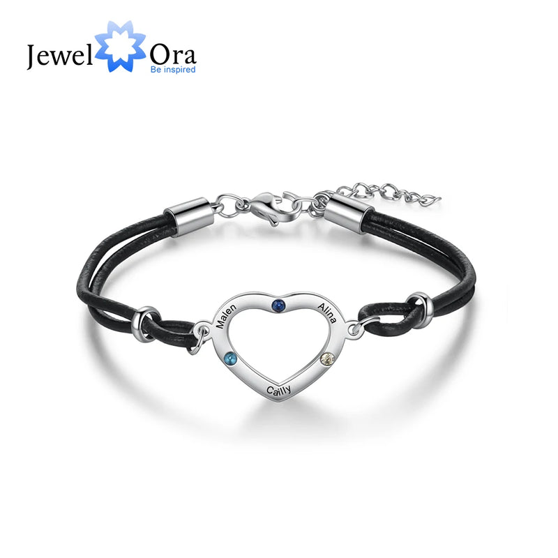 Custom Heart Bracelet with 3 Birthstones & Engraving