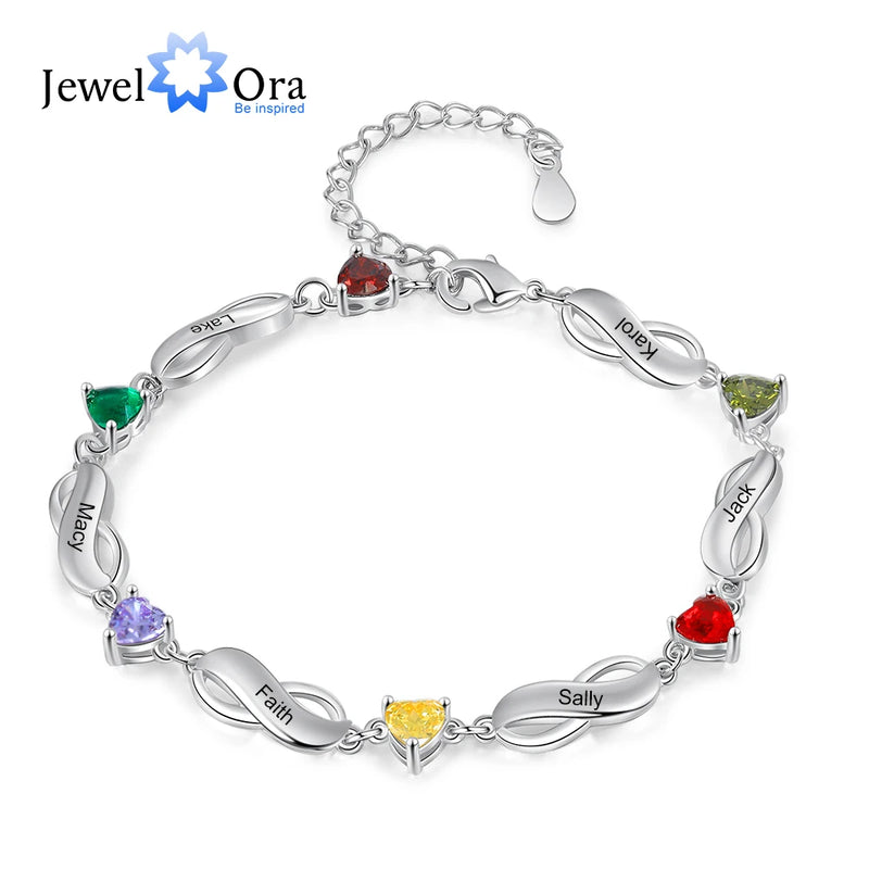 JewelOra Personalized Infinity Bracelet with 6 Heart Birthstones