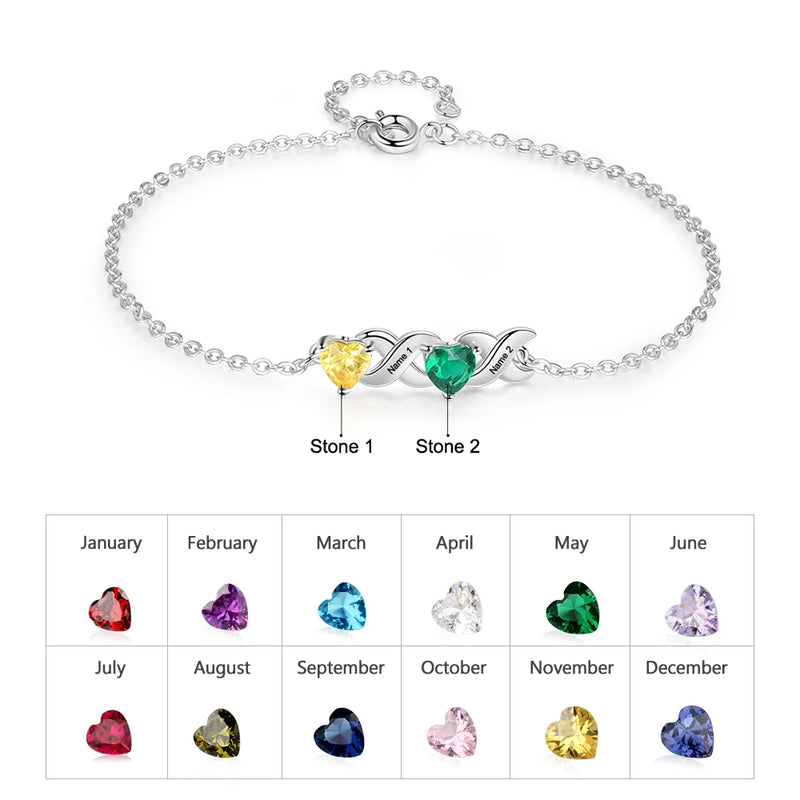 Personalized Heart Birthstone Bracelet with Engraved Name - Mother's Gift