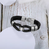 Personalized Men Leather Bracelet with Beads Stainless Steel Engraved