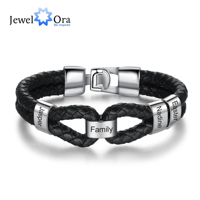 Personalized Men Leather Bracelet with Beads Stainless Steel Engraved
