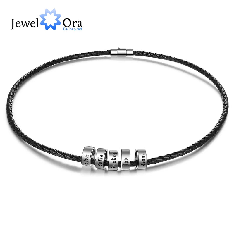 Personalized Men Leather Necklace with Beads 2-5 Names Rope Chain