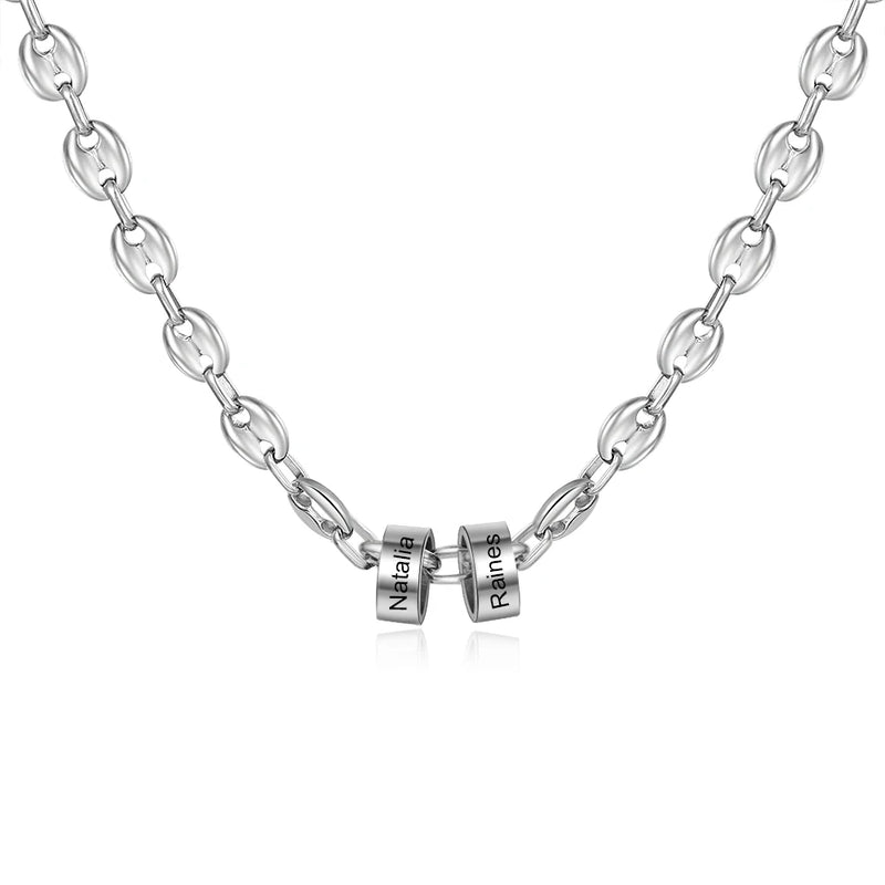 Personalized Men's Stainless Steel Beads Necklace with Engraved Names