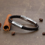 Personalized Name Bar Bracelet Men Brown Leather Engraved Bangle Gift