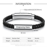 Personalized Name Bar Bracelet Men Brown Leather Engraved Bangle Gift