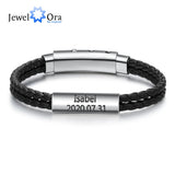 Personalized Name Bar Bracelet Men Brown Leather Engraved Bangle Gift