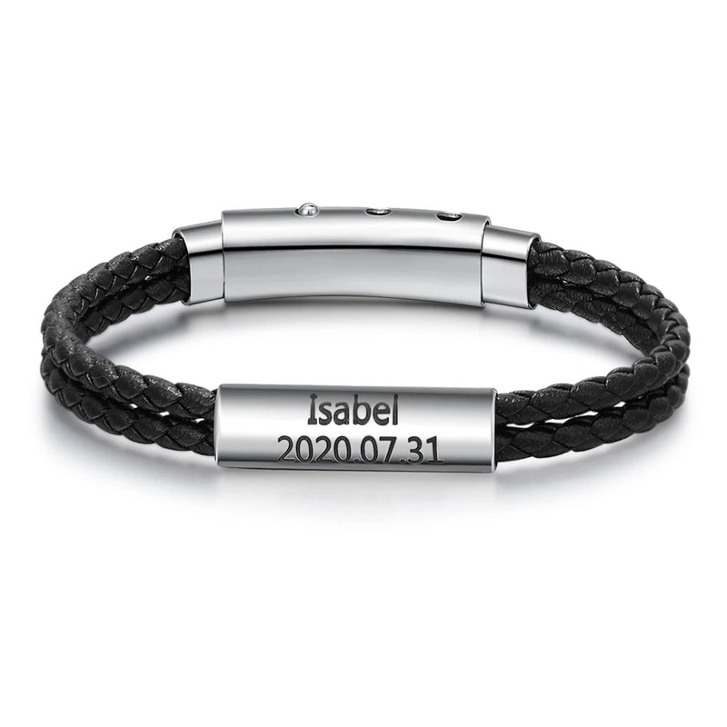 Personalized Name Bar Bracelet Men Brown Leather Engraved Bangle Gift