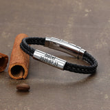 Personalized Name Bar Bracelet Men Brown Leather Engraved Bangle Gift