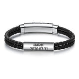 Personalized Name Bar Bracelet Men Brown Leather Engraved Bangle Gift
