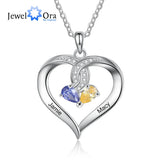 Personalized Name Engraved Heart Pendant Necklace with 2 Birthstones