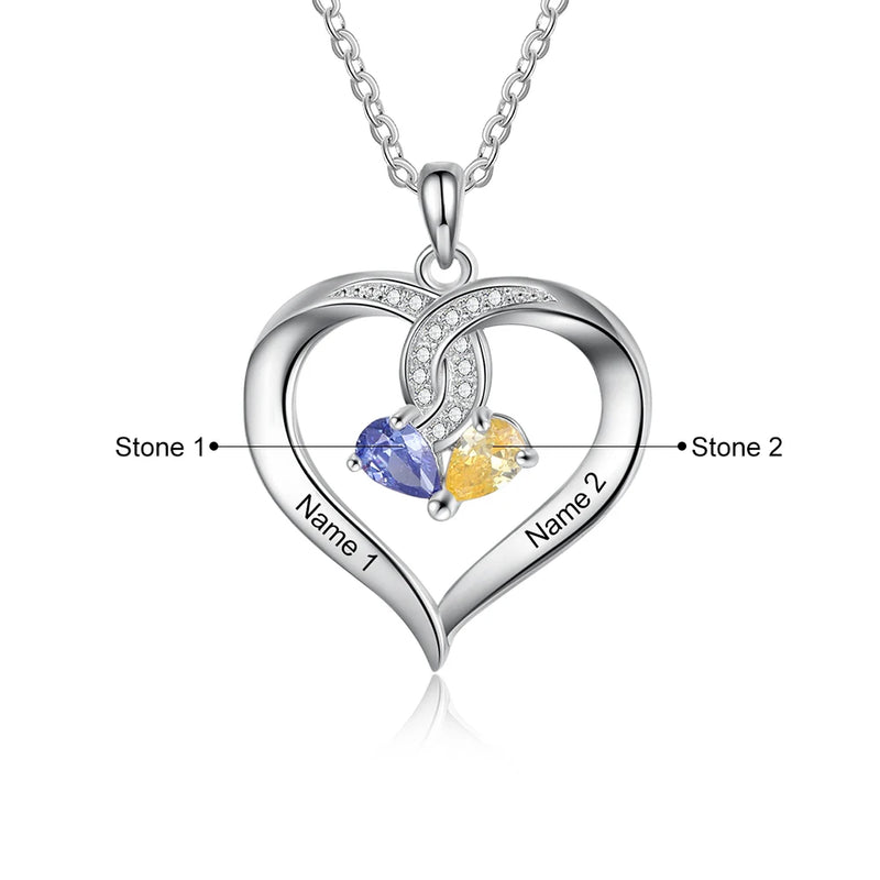 Personalized Name Engraved Heart Pendant Necklace with 2 Birthstones