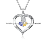 Personalized Name Engraved Heart Pendant Necklace with 2 Birthstones
