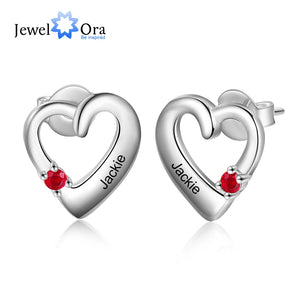 Personalized Name Heart Stud Earrings with Birthstone for Women