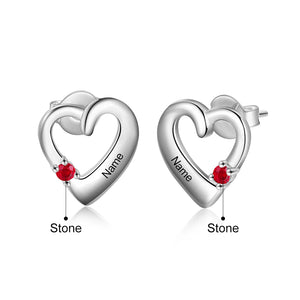 Personalized Name Heart Stud Earrings with Birthstone for Women