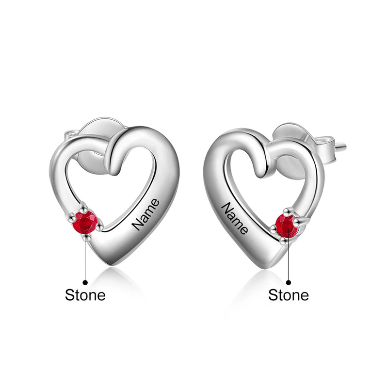 Personalized Name Heart Stud Earrings with Birthstone for Women
