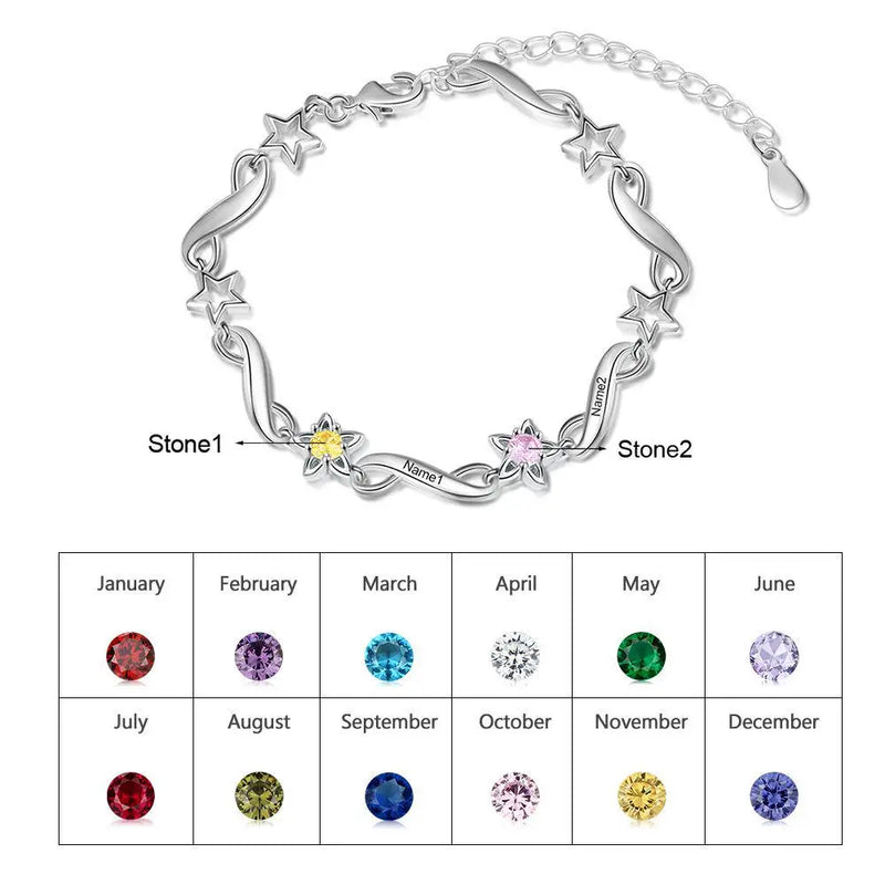 Personalized Name Engraving Infinity Bracelet with Birthstone Flower for Women