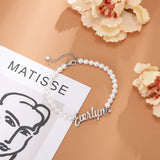 Personalized Nameplate Bracelet with Birthstone & Pearl Beaded Chain