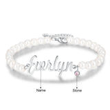 Personalized Nameplate Bracelet with Birthstone & Pearl Beaded Chain
