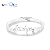 Personalized Nameplate Bracelet with Birthstone & Pearl Beaded Chain
