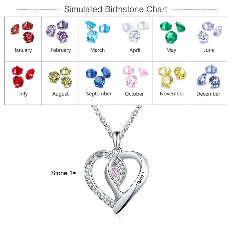 Personalized Heart Pendant Necklace Birthstone Engraved Name