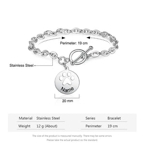Custom Paw Charm Bracelet for Women, Personalized Name Engraved Chain Bracelet