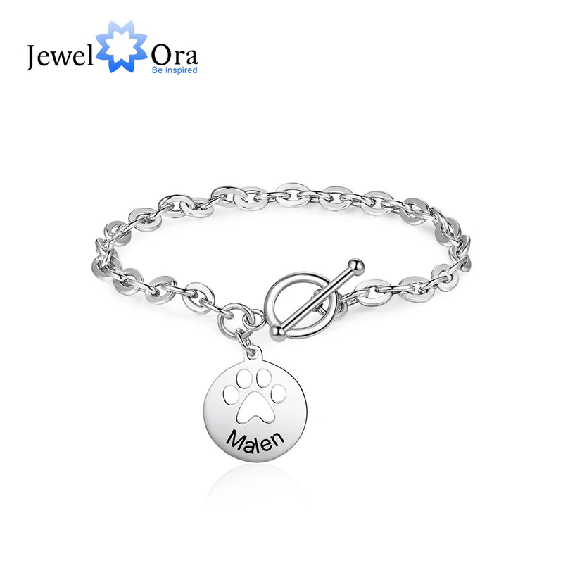 Custom Paw Charm Bracelet for Women, Personalized Name Engraved Chain Bracelet