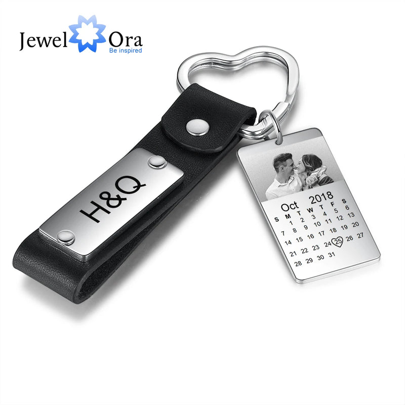 Custom Photo Calendar Keychain for Men Stainless Steel Engraved Date Gift