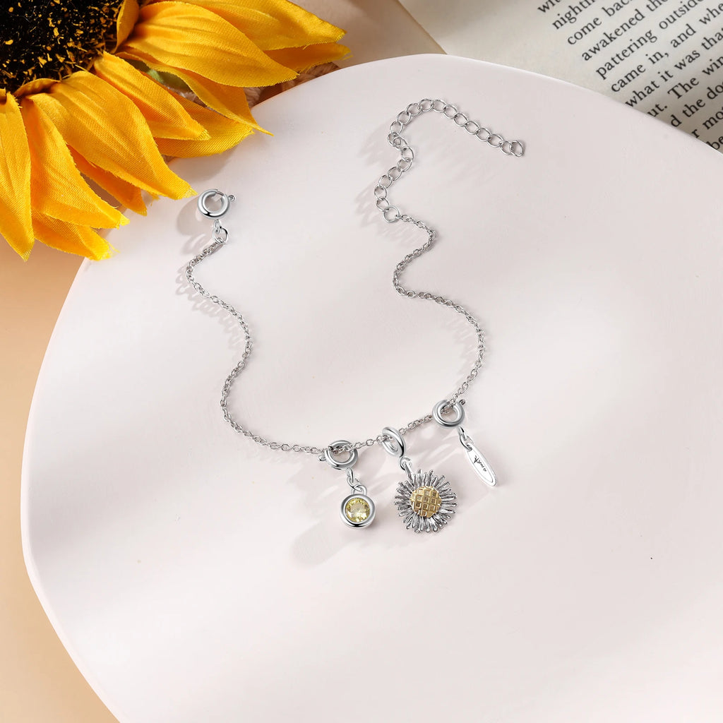 Personalized Sunflower Charm Bracelet with Birthstone Name Tag Engraving