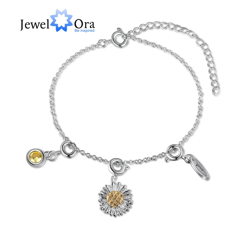 Personalized Sunflower Charm Bracelet with Birthstone Name Tag Engraving