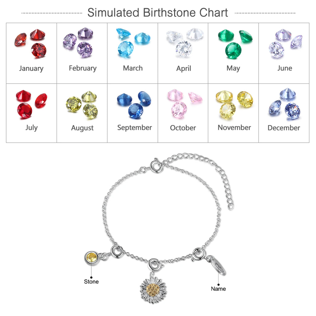 Personalized Sunflower Charm Bracelet with Birthstone Name Tag Engraving