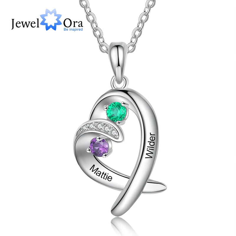 JewelOra Personalized Heart Pendant with Birthstones Engraving Necklace