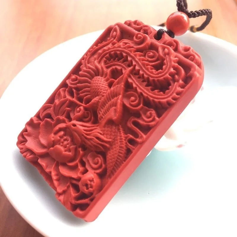 Chinese Cinnabar Woman Phoenix Pendant Necklace