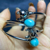 925 Sterling Silver Turquoise Gemstone Orchid Flower Charm Bangle